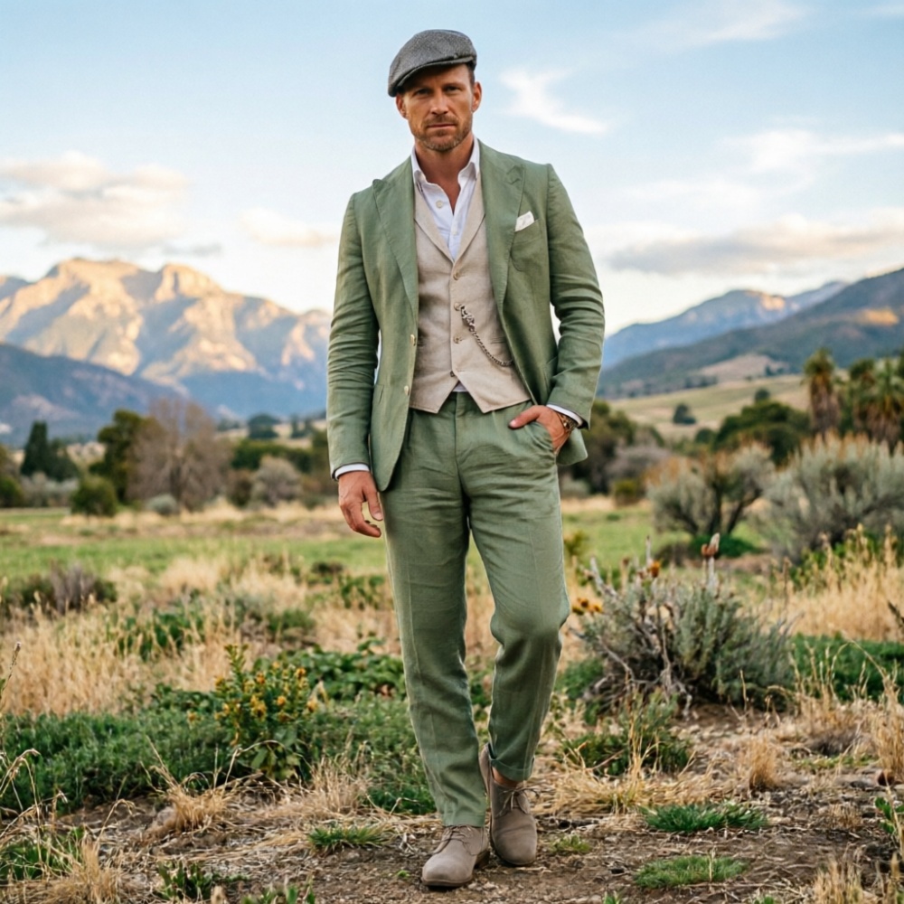 Men Formal Wear Summer - Sage Green Linen Men 3 Piece