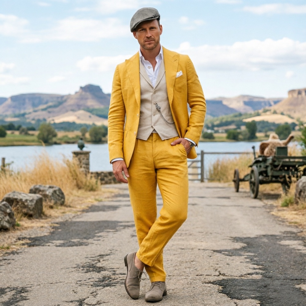 Sage Green Linen Men 3 Piece S - مراجعة Men Formal Wear Summer وسعره